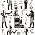 Seamless pattern with egyptian gods and ancient egyptian hieroglyphs.