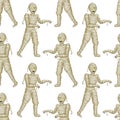 Seamless pattern Egyptian mummy Boy in Halloween mummy costume laughing scarring.