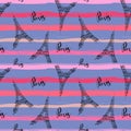 Seamless pattern with Eiffel Tower and words Paris on stripes in grungy style Royalty Free Stock Photo