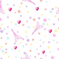 Seamless pattern with Eiffel towers and multicolored confetti.