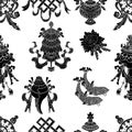 Seamless pattern with eight black auspicious symbols of Buddhism.