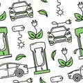 Seamless pattern Electric car. Electric refueling. Co2 climate change concept green energy. Vector isolated doodle