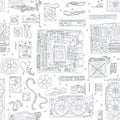 Seamless pattern of Electronic component of desktop computer. Motherboard, processor, video card, memory, hdd. Royalty Free Stock Photo