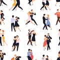 Seamless pattern with elegant couples dancing tango or milonga on white background. Backdrop with pairs of people