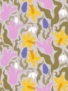 Seamless pattern of elegant flowers like tulip, daffodil, snowdrop and grape hyacinth. Vector card or wallpaper Royalty Free Stock Photo