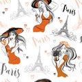 Seamless pattern. Elegant girls in Paris. Vector