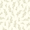 Seamless pattern with elegant hand drawn khaki branches with leaves on a beige background