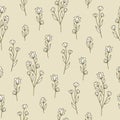 Seamless pattern with elegant hand drawn khaki branches with flowers and leaves on a beige background