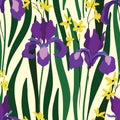 Seamless floral pattern with iris flowers. Vector. Royalty Free Stock Photo