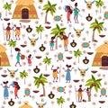 Seamless pattern with elements of African peoples lives. Aborigines and house. Cartoon flat isolated illustration. Decor Royalty Free Stock Photo