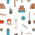 Seamless pattern with elements of camping equipment. Image for application on fabric and packaging. Flat style. Vector Royalty Free Stock Photo