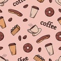 Seamless pattern with elements of coffee and dessert. Vector background of cafe concept and sweet cakes Royalty Free Stock Photo