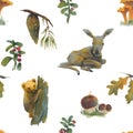 Seamless pattern with elements drawn by hand in gouache with animals and plants.