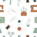 Seamless pattern with elements of equipment for crafts, needlework, sewing. Flat style. Vector Royalty Free Stock Photo