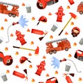 Seamless pattern with elements of firefighting red equipment. Fire truck with ladder, hydrant and hose. Decor textile Royalty Free Stock Photo