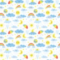 Seamless pattern with elements of weather, clouds, clouds, hurricane, lightning, sun with eyes. For children`s textiles and Royalty Free Stock Photo