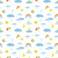 Seamless pattern with elements of weather, clouds, sun, rain, umbrella, rainbow. For children's textiles and products Royalty Free Stock Photo