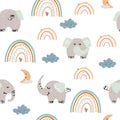 Seamless pattern with elephants and boho rainbows