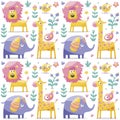 Seamless pattern elephants, lion, giraffe, birds, plants, jungle, flowers