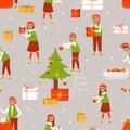 Seamless pattern of elves decorating the Christmas tree and preparing gifts for Christmas