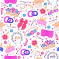 Seamless pattern with embellishments for baby girl. Hair accessories. Hairstyle ribbons. Hairgrips or hairbands. Cute Royalty Free Stock Photo