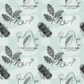 Seamless pattern of embroidered leaves, hand-drawn doodles in sketch style. Reel of thread. Needle and thread Royalty Free Stock Photo