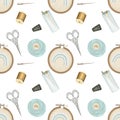 Seamless pattern of embroidery elements embroidery hoop, embroidery, needles, threads, thimble and scissors