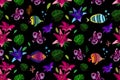 Seamless pattern embroidery flowers and fish