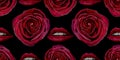 Seamless pattern embroidery lips and roses.