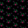 Seamless pattern with embroidery stitches imitation little flower, buttefly and green leaf