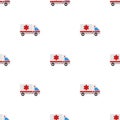 Seamless pattern with emergency ambulance on white background. Medical vehicle. Medicine sign. Flat style. Vector illustration for Royalty Free Stock Photo