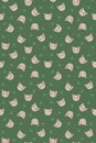 Seamless pattern of emoji gray cats on green backgound.