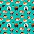 Seamless pattern with Emoji sushi characters.Cartoon japanese food. Royalty Free Stock Photo