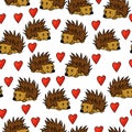 Seamless pattern of enamored hedgehogs in doodle style, cute spiky animals and red hearts on a white background