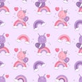 Seamless pattern with enamored snail girl and boy on rainbow. Funny kawaii insect on purple background. Vector Royalty Free Stock Photo