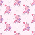 Seamless pattern with enamored snail girl on rainbow. Funny kawaii insect on pink background with clouds. Vector Royalty Free Stock Photo