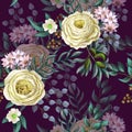 Seamless pattern with English roses and other flowers in vintage victorian stlyle. Vector. Royalty Free Stock Photo