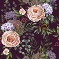 Seamless pattern with English roses and other flowers in vintage victorian stlyle. Vector. Royalty Free Stock Photo