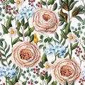 Seamless pattern with English roses and other flowers in vintage victorian stlyle. Vector. Royalty Free Stock Photo