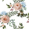 Seamless pattern with English roses and other flowers in watercolor stlyle. Vector. Royalty Free Stock Photo