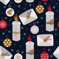 Seamless pattern with envelopes, candles and christmas balls - vector illustration, eps