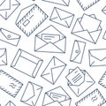 Seamless pattern with envelopes flat line icons. Mail background, message, open envelope with letter, email vector