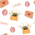 Seamless pattern with envelopes romantic message. Love post office. Background texture design for web, print and textile, Royalty Free Stock Photo