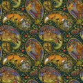 Seamless pattern with ethnic motif forest animals. watercolor folklore illustration. paisley element background