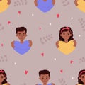 Seamless pattern with ethnic young people. dark-skinned cute girl with hairstyle and young man hug their shoulders on