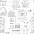 Seamless pattern with European houses. Cute Dutch buildings with shops, bookstore, cafe, coffee shop. Contour monochrome