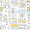 Seamless pattern with European houses. Dutch buildings with shops, bookstore, coffee shop. Colorful vector illustration