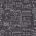 Seamless pattern with European houses. Dutch buildings with shops, bookstores, coffee shops. White outline on a dark