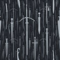 Seamless pattern of evenly spaced, random sized, grayscale swords whith brume effect. Vector illustration background.