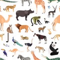 Seamless pattern with exotic animals and birds on white background. Backdrop with wild fauna of African tropical jungle Royalty Free Stock Photo